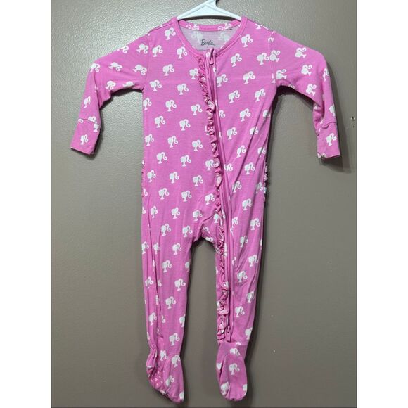 NWOT Posh Peanut x Barbie Collab Pink & White Ruffle Footsie Onesie Baby 12-18M - Picture 2 of 10
